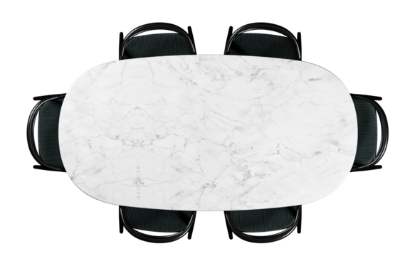 Top view of marble dining table with chairs