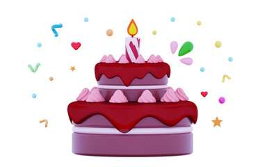 3D Multi layered chocolate cake Birthday cake one burning candle anniversary celebration Sweet icing delicious treat festive holiday gift congrats 3d icon rendering illustration