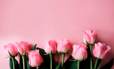 Obraz premium Pink roses on a pink background, Space for text, Generative AI