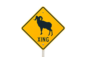 Big Horn Sheep wildlife crossing caution sign with cut out background.