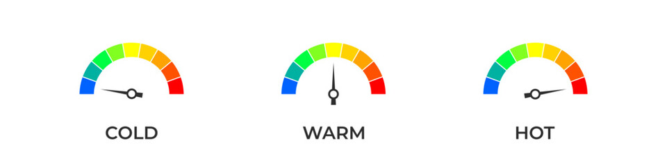 Temperature measure gauge vector set. Cold, warm and hot measurement instrument scale.