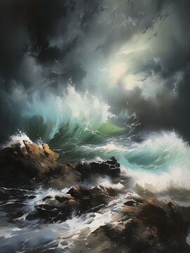 Oil painting of a storm in the ocean. Generative AI