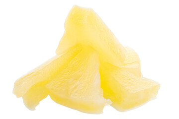 Slices of pickled sweet pineapple are isolated on a white background. 