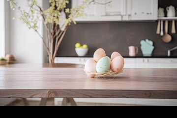 Empty wood desk in the foreground, pastel pink and white easter eggs, blurry kitchen in the background