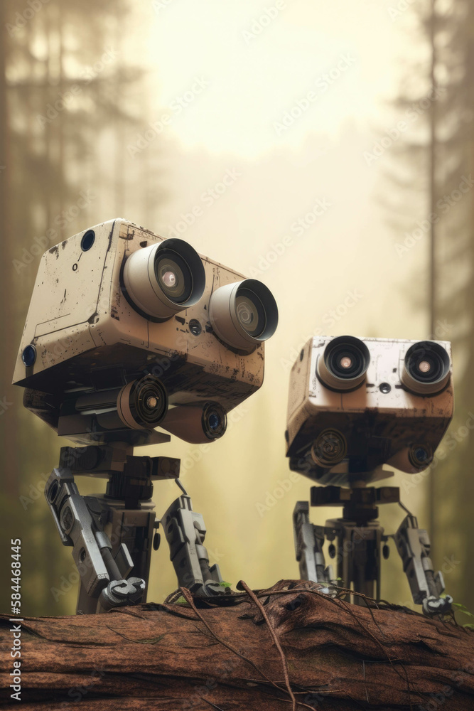 Poster a pair of robotic eyes surveying the terrain for any signs of illegal logging and reporting data to 
