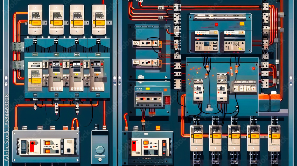 Aufkleber an electrical panel with many different types of wires. generative ai.