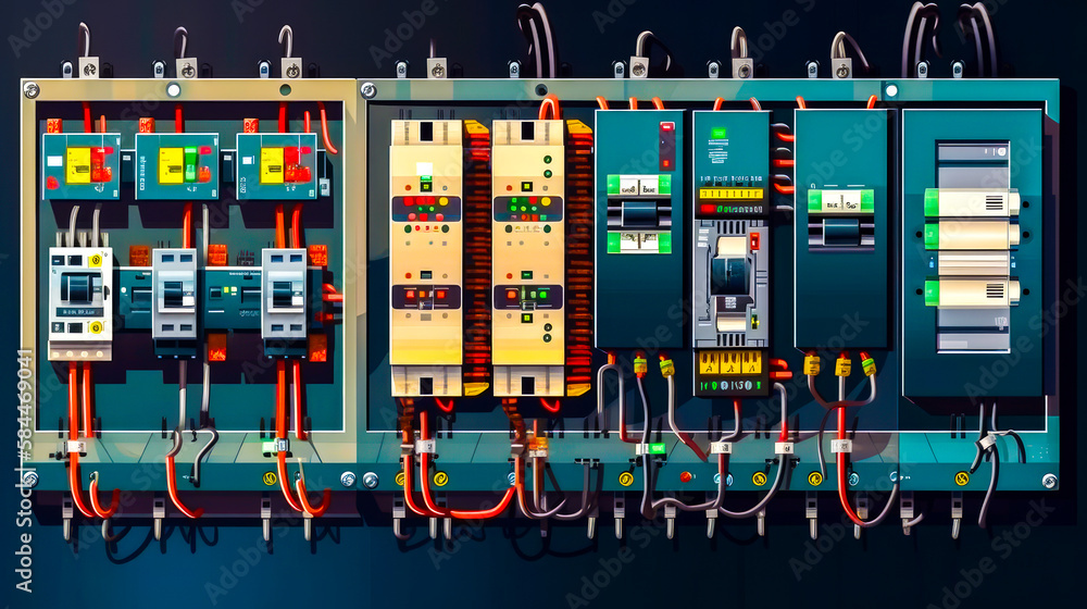 Aufkleber an electrical panel with multiple wires and switches. generative ai.