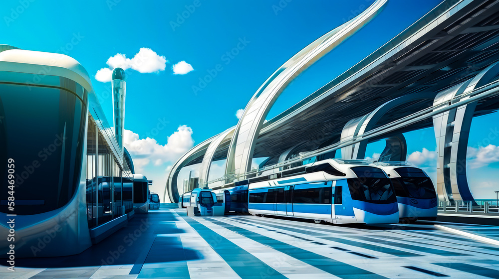Poster futuristic train station with two trains passing each other. generative ai.