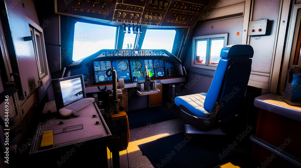 Poster view of the cockpit of plane from inside the plane. generative ai.