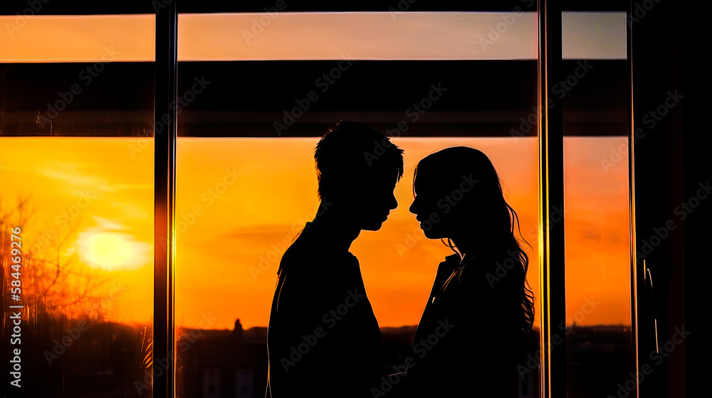 Poster man and woman standing in front of window. generative ai.