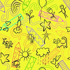 Cartoon doodle markers seamless school pencil and blackboard pattern for wrapping paper and kids clothes print