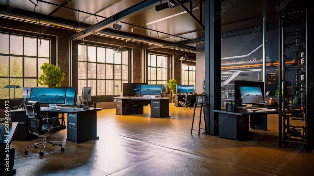 Aufkleber room with lot of desks and computers. generative ai.