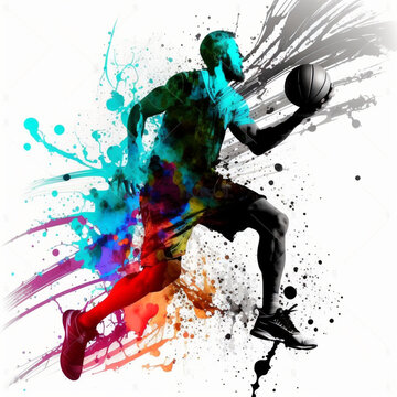 Basketball player jumping with a ball. Color splash player in action. Generative Ai.
