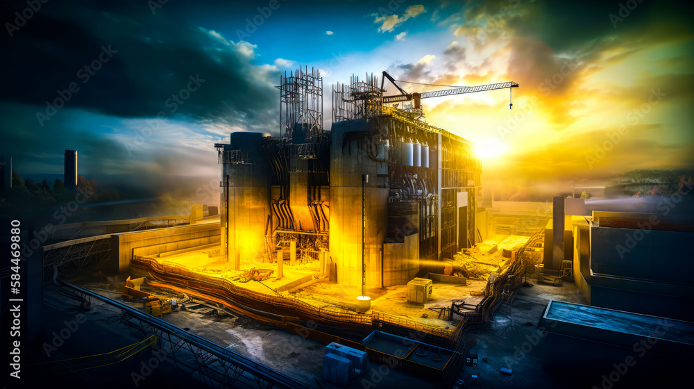 Poster large building with crane on top of it. generative ai.