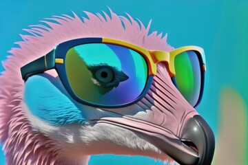 Fototapeta premium Cute flamingo with sunglasses, summer print design, children print on t-shirt, generative ai
