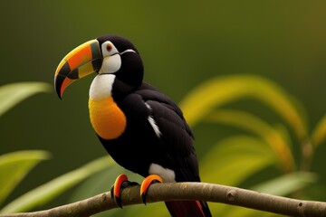 Keel-billed Toucan, Ramphastos sulfuratus, bird with big bill. Toucan sitting on the branch, generative ai, in the forest