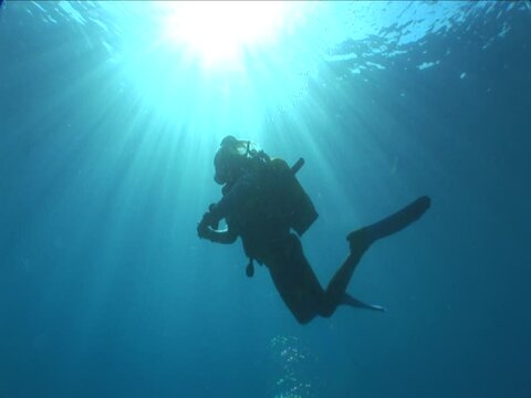 silhouette  scuba divers sun beam shine rays underwater  diver relaxing blue ocean scenery of people