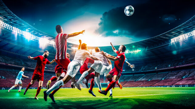 Group of people playing soccer on field. Generative AI. © Констянтин Батыльчук