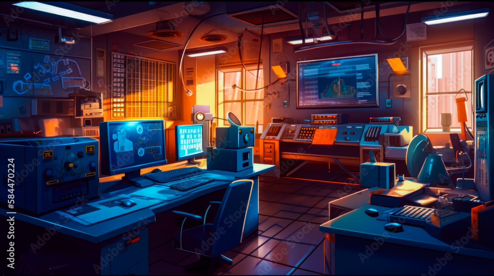 Poster computer room with lot of monitors. generative ai.