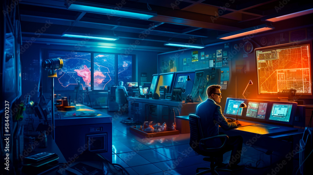 Aufkleber man sitting at computer desk in room. generative ai.