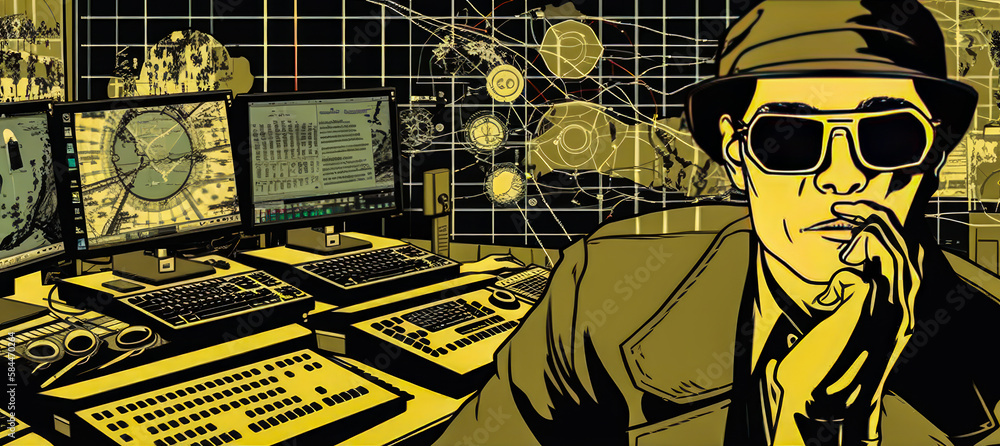 Aufkleber man in hat and sunglasses sitting in front of computer. generative ai.