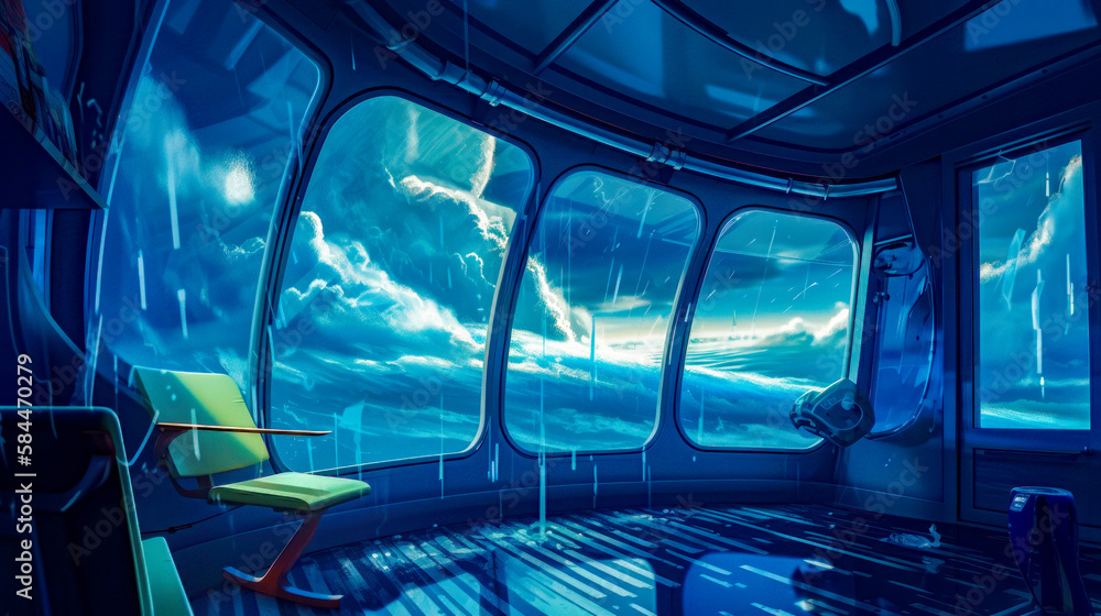 Poster futuristic looking room with large windows and view of the ocean. generative ai.