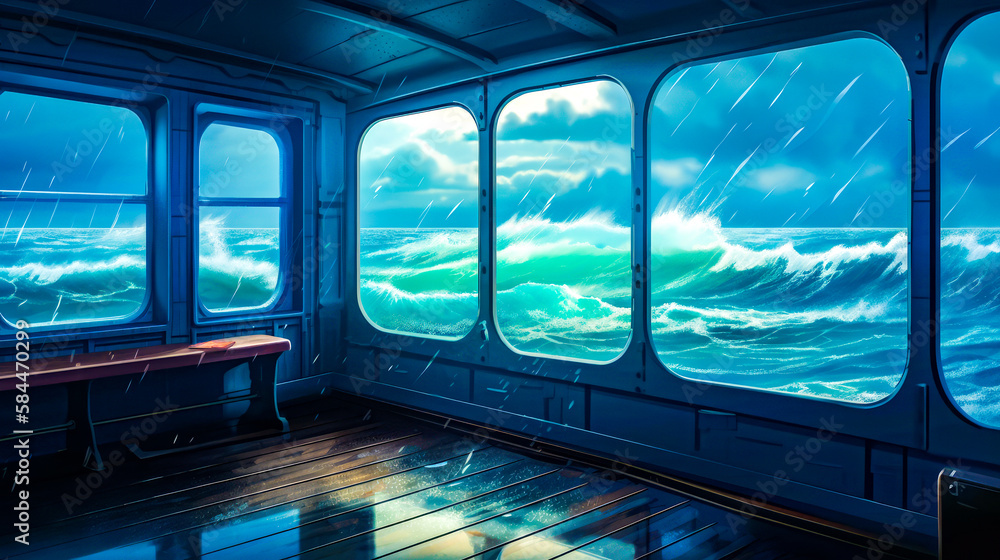 Poster room with lot of windows and view of the ocean. generative ai.