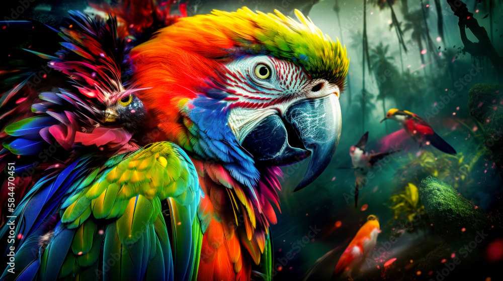 Poster colorful parrot with many different colored feathers. generative ai.