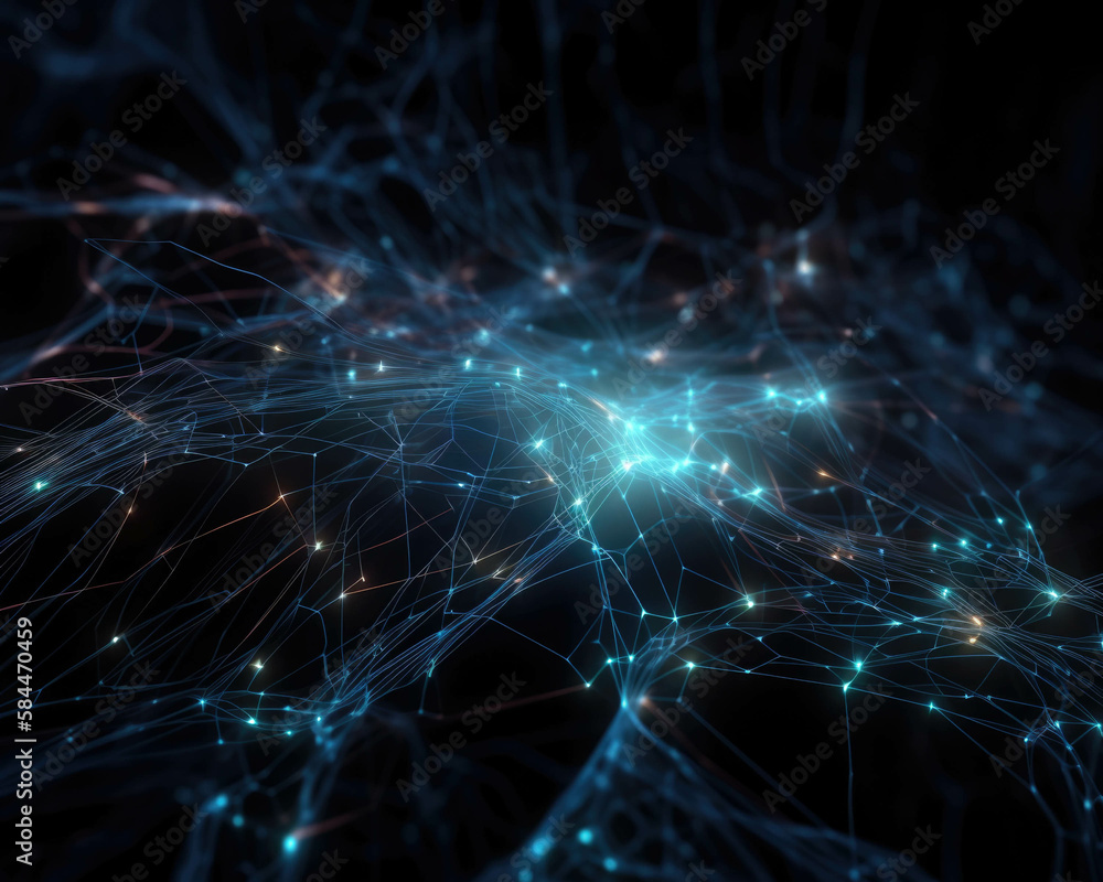 Aufkleber a network of glowing blue lines resembling a neural network stretching out in all directions and sca