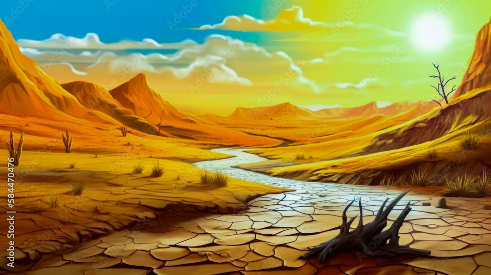 Aufkleber painting of desert with river running through it. generative ai.
