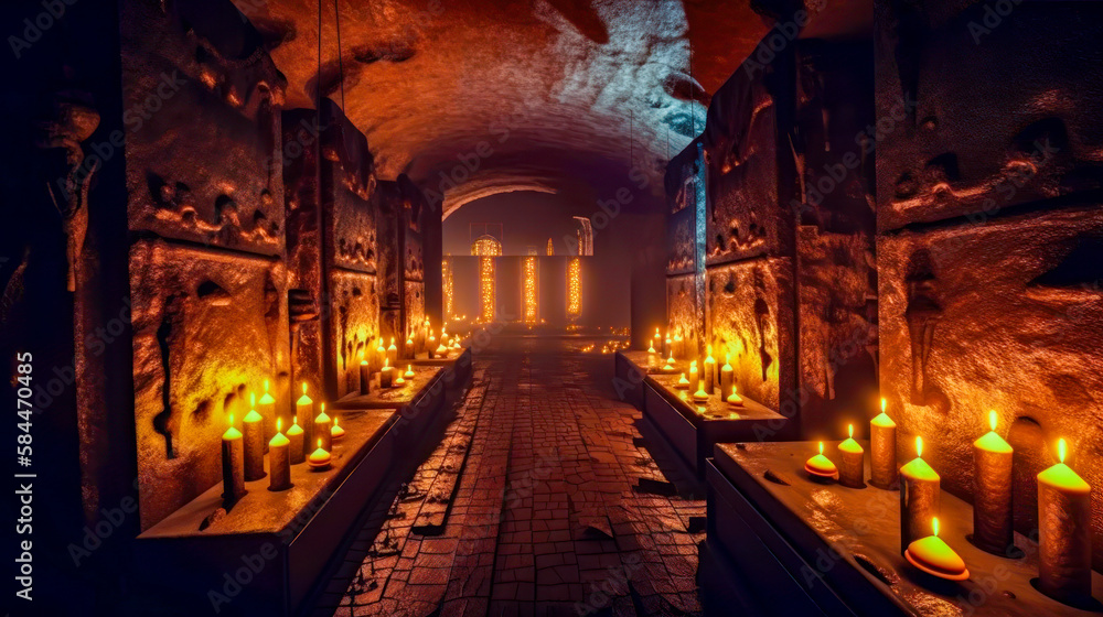 Poster tunnel with candles lit inside of it. generative ai.
