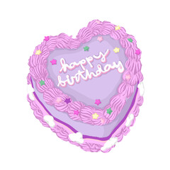 Obraz premium Cartoon realistic cake. Heart shape pink delicious birthday cake with stars cream decoration flat vector illustration. Design for logo, Birthday cards, banners, backgrounds.