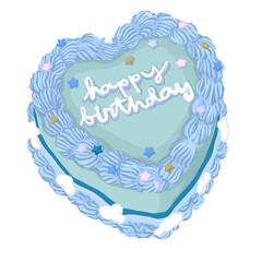 Cartoon realistic heart cake. Heart shape blue delicious birthday cake with stars cream decoration flat vector illustration. Design for logo, Birthday cards, banners, backgrounds.