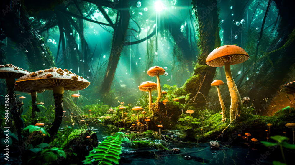 Poster group of mushrooms in the middle of forest. generative ai.