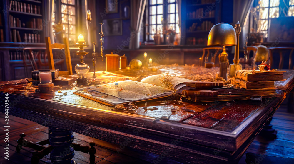 Aufkleber table topped with books and candles next to window. generative ai.