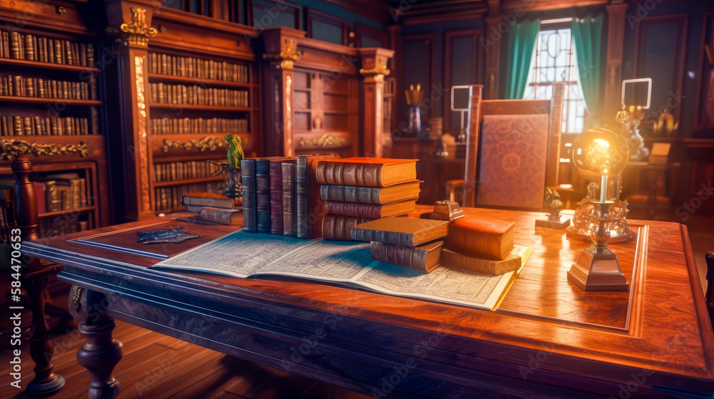 Poster desk with books and lamp on it. generative ai.