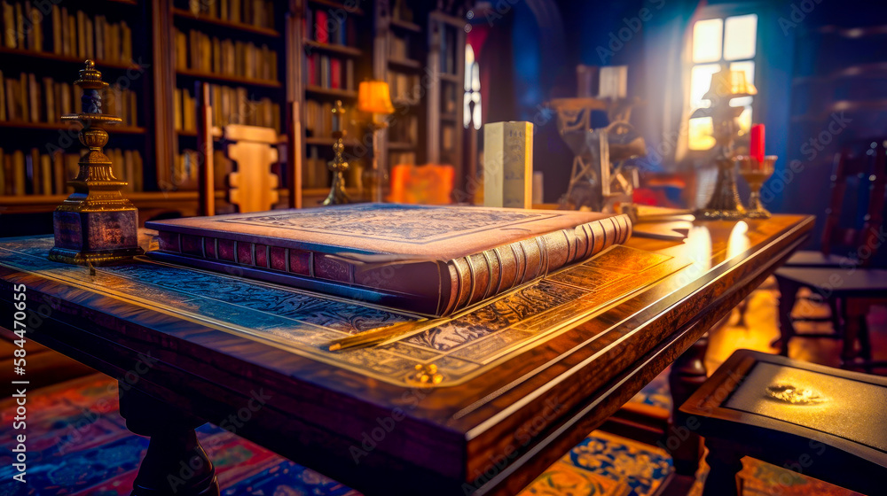 Aufkleber table with book on top of it. generative ai.