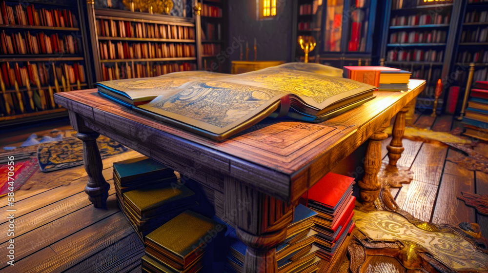 Aufkleber table with lot of books on top of it. generative ai.