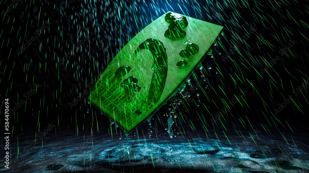 Poster green object floating in the air in the rain. generative ai.