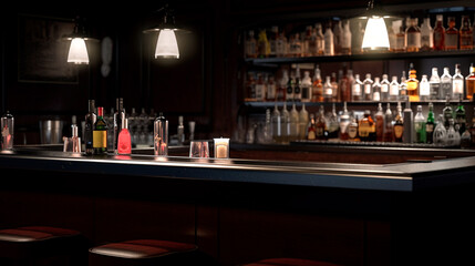 Fototapeta na wymiar Bar counter with neon lighting blurred background bar . Generative AI