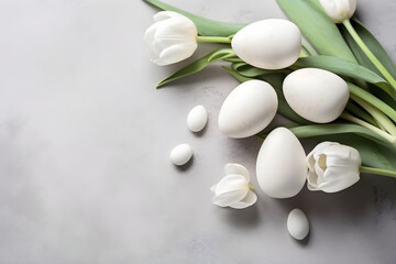 Fototapeta na wymiar Easter eggs with spring tulips flowers on light background. Easter holiday flat lay concept. Traditional elegant springtime decoration. Top view. Copy space. AI generated.