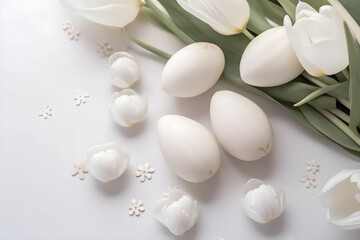 Easter eggs with spring tulips flowers on white background. Easter holiday flat lay concept. Traditional elegant springtime decoration. Top view. Copy space. AI generated.
