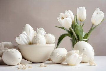Easter still life with eggs, spring tulips flowers in a vase on light background. Easter holiday concept. Traditional elegant springtime decoration. Copy space. AI generated.