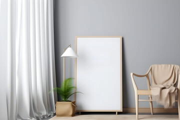 Rectangular vertical frame poster mockup, scandinavian style interior with home decoration on the floor empty neutral white wall background. 3D render illustration. AI generated.