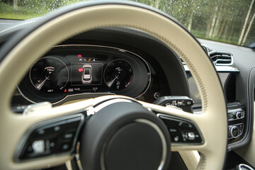 steering wheel in expensive leather in a premium car