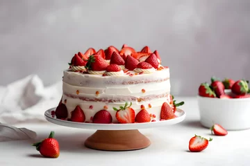 Fotobehang Delicious strawberry biscuit cake torte dessert with fresh berries and butter cream on concrete background. Ai generated. © AnaWein
