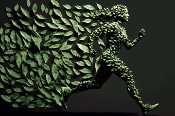 Sustainability and environmental Concept, nature, ecological activism and green economy on the rise, silhouette of woman running made of green leaves leaving a trail of leaves behind, generative AI