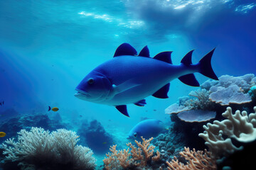 Fototapeta premium Underwater coral reef landscape with fish, generative ai, in the deep blue ocean with colorful marine life