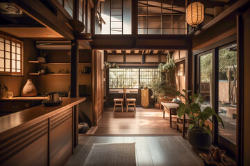 Naklejka premium Traditional japanese tea room interior with tatami mats, sun light, japandi concept, japanese art and culture, generative ai