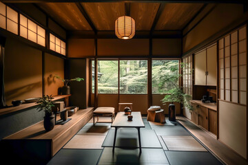 Fototapeta na wymiar Traditional japanese tea room interior with tatami mats, sun light, japandi concept, japanese art and culture, generative ai